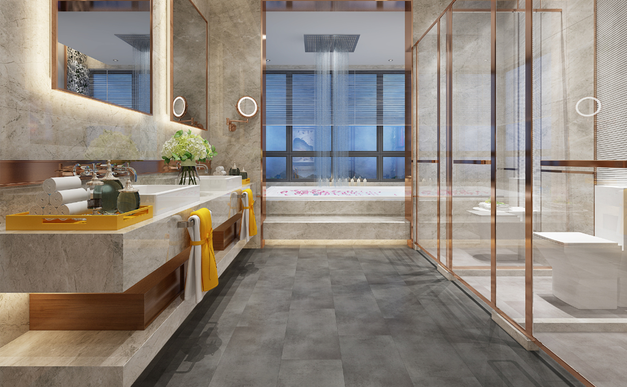 Gray tile flooring in a bathroom